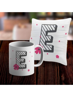E Harfi Tasarımlı Kupa ve Yastık Kılıfı Hediye Seti