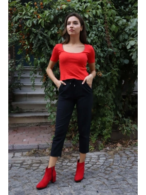 Geniş Yaka Triko Bluz - KIRMIZI