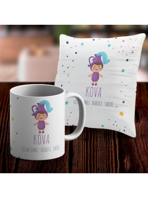 Kova Tasarımlı Sevimli Kupa ve Yastık Kılıfı Seti