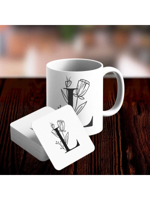 L Harfi Tasarımlı Kupa ve Bardak Altlığı Seti