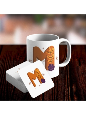 M Harfi Tasarımlı Kupa ve Bardak Altlığı Seti