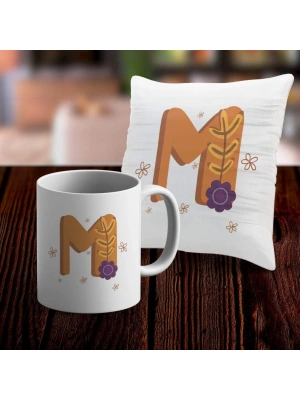 M Harfi Tasarımlı Kupa ve Yastık Kılıfı Hediye Seti