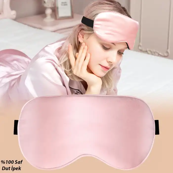 %100 Saf Dut Ipek Ayarlanabilir Uyku Bandı Maskesi Pembe - Terletmez Ultra Ince Rahat Uyku Gözlüğü