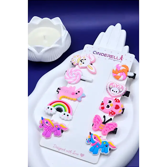 10lu Bulut Gökkuşağı Unicorn Tavşan Kelebek Kız Çocuk Pens Toka Seti - Sevimli Bebek Saç Tokası