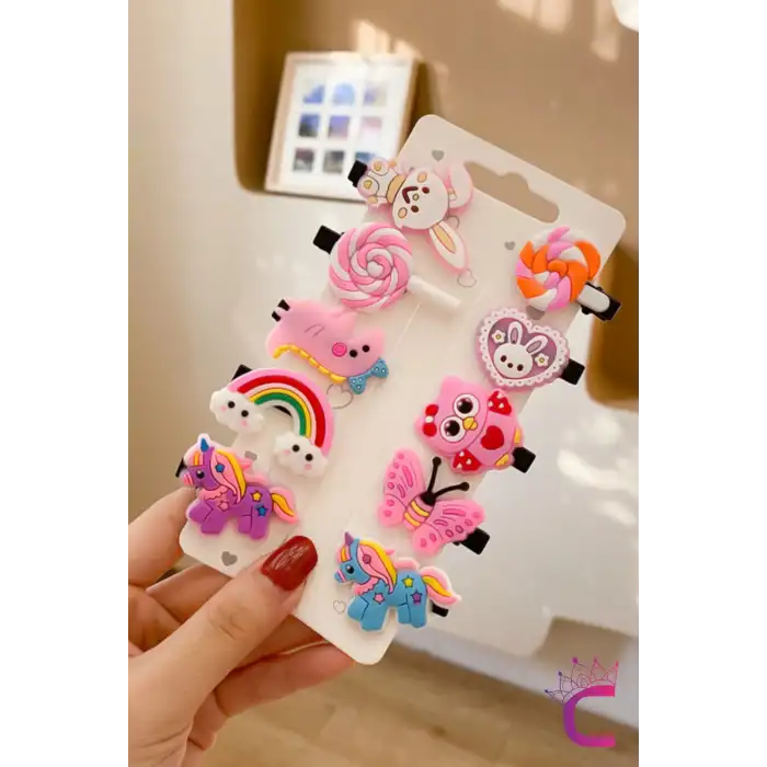 10lu Bulut Gökkuşağı Unicorn Tavşan Kelebek Kız Çocuk Pens Toka Seti - Sevimli Bebek Saç Tokası