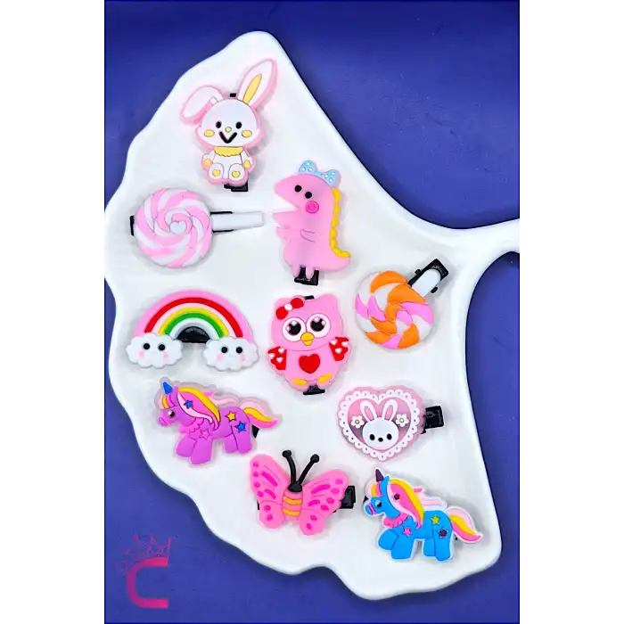 10lu Bulut Gökkuşağı Unicorn Tavşan Kelebek Kız Çocuk Pens Toka Seti - Sevimli Bebek Saç Tokası