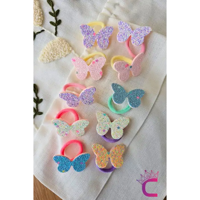 10lu Çantalı Yumuşak Acıtmaz Havlu Lastikli Simli Kelebekli Kız Çocuk Bebek Lastik Saç Toka Seti