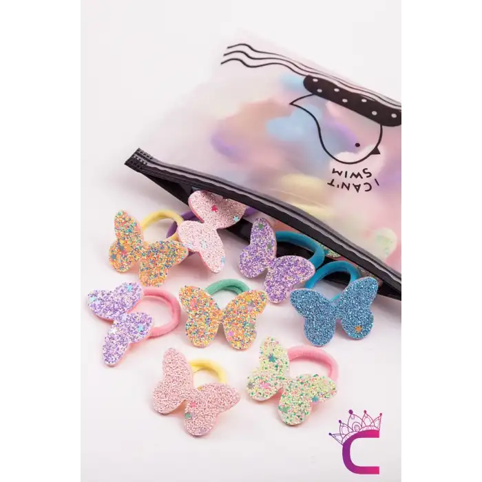 10lu Çantalı Yumuşak Acıtmaz Havlu Lastikli Simli Kelebekli Kız Çocuk Bebek Lastik Saç Toka Seti