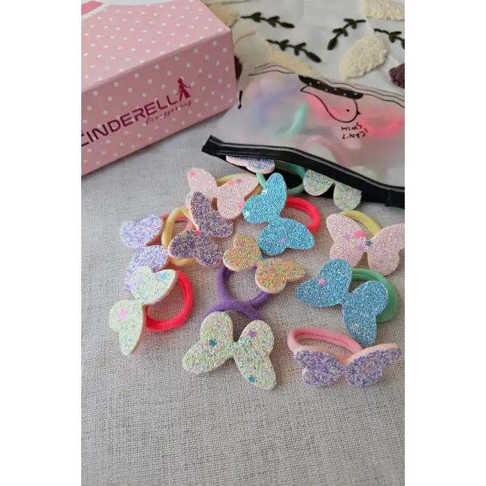 10lu Çantalı Yumuşak Acıtmaz Havlu Lastikli Simli Kelebekli Kız Çocuk Bebek Lastik Saç Toka Seti