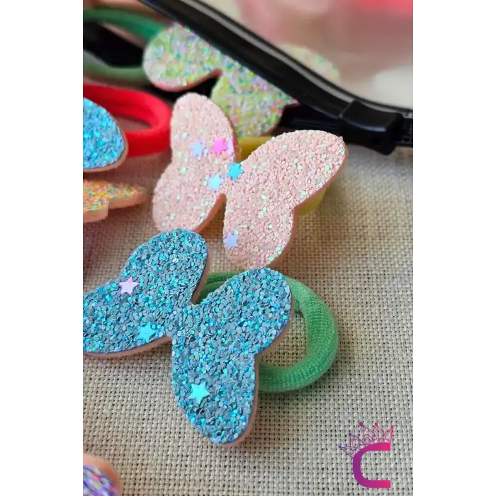 10lu Çantalı Yumuşak Acıtmaz Havlu Lastikli Simli Kelebekli Kız Çocuk Bebek Lastik Saç Toka Seti