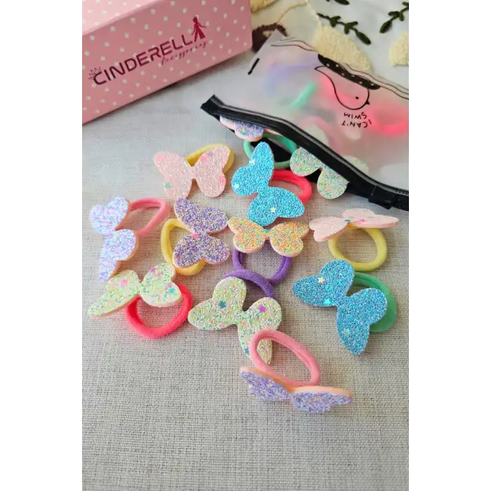 10lu Çantalı Yumuşak Acıtmaz Havlu Lastikli Simli Kelebekli Kız Çocuk Bebek Lastik Saç Toka Seti