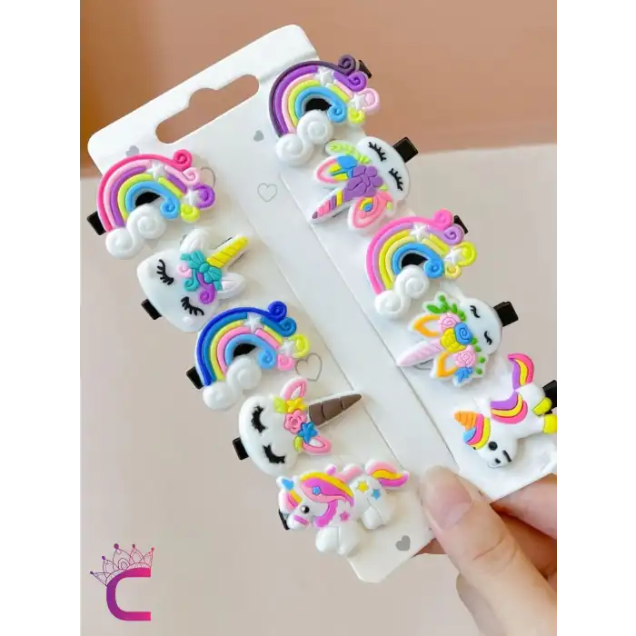 10lu Çiçek Unicorn Gökkuşağı Detaylı Kız Çocuk Pens Toka Seti - Sevimli Bebek Saç Tokası Klips Toka