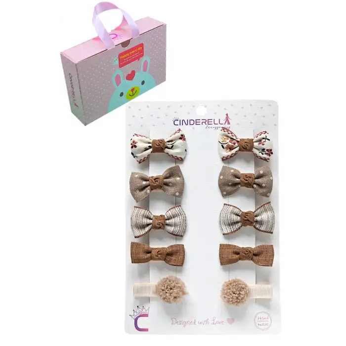 10lu Hediyelik Çanta Kutulu Bebek Toka Seti Kahve Ton - Yumuşak Kaplamalı Kız Çocuk Pens Saç Tokası