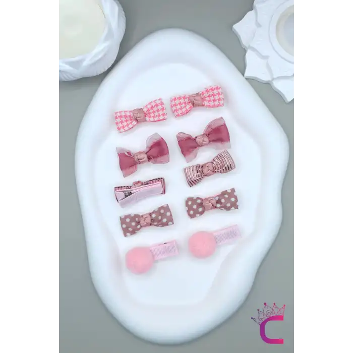 10lu Çanta Kutulu Hediyelik Kız Bebek Kurdele Fiyonk Toka Seti Pembe - Çocuk Astarlı Pens Saç Tokası