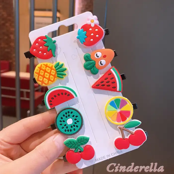 10lu Meyve Figürlü Çilek Kiraz Ananas Havuç Limon Pens Toka Seti - Kız Çocuk Klips Saç Tokası