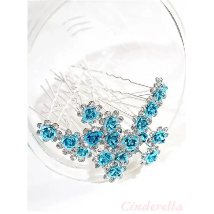 10lu Mini Kristal Taşlı Çiçek Tasarım Firkete Toka Açık Mavi - Doğum Günü Parti Saç Aksesuarı