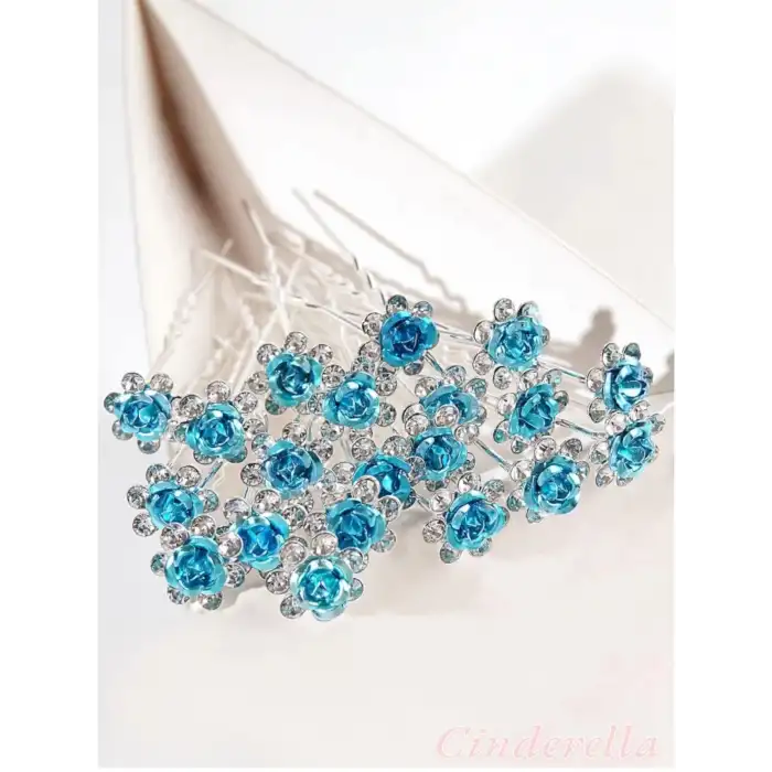 10lu Mini Kristal Taşlı Çiçek Tasarım Firkete Toka Açık Mavi - Doğum Günü Parti Saç Aksesuarı