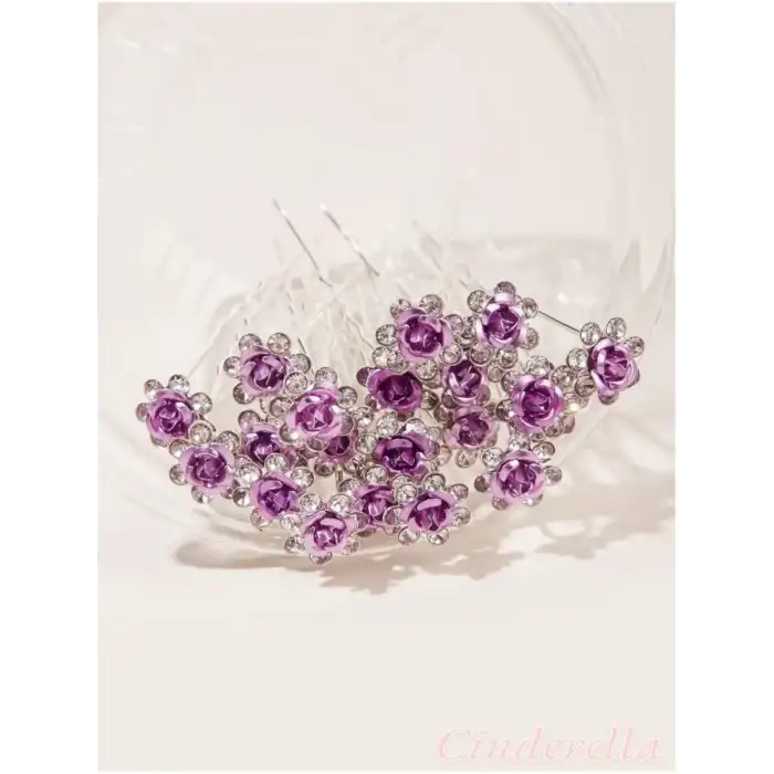 10lu Mini Kristal Taşlı Çiçek Tasarım Firkete Toka Açık Mor - Düğün Kına Saç Aksesuarı Topuz Tokası