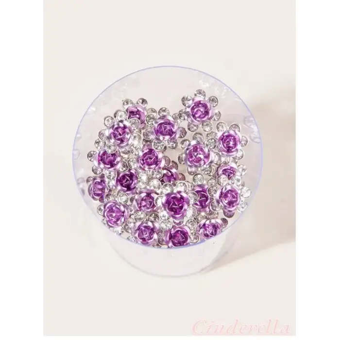 10lu Mini Kristal Taşlı Çiçek Tasarım Firkete Toka Açık Mor - Düğün Kına Saç Aksesuarı Topuz Tokası