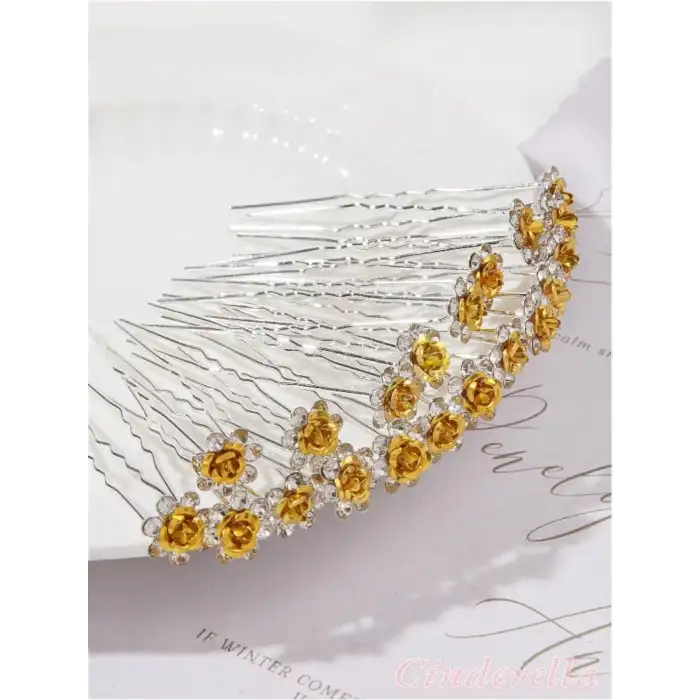 10lu Mini Kristal Taşlı Çiçek Tasarım Firkete Toka Gold - Düğün Gelin Saç Aksesuarı Topuz Tokası