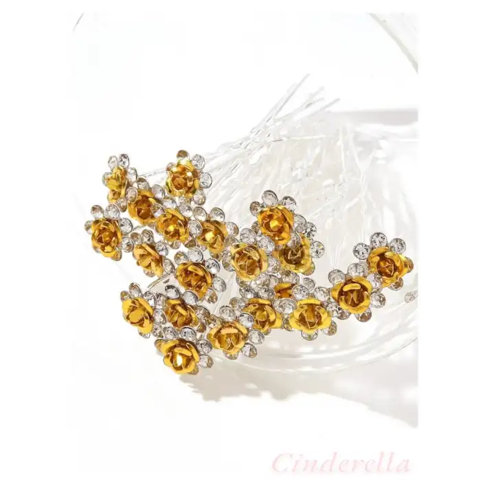 10lu Mini Kristal Taşlı Çiçek Tasarım Firkete Toka Gold - Düğün Gelin Saç Aksesuarı Topuz Tokası