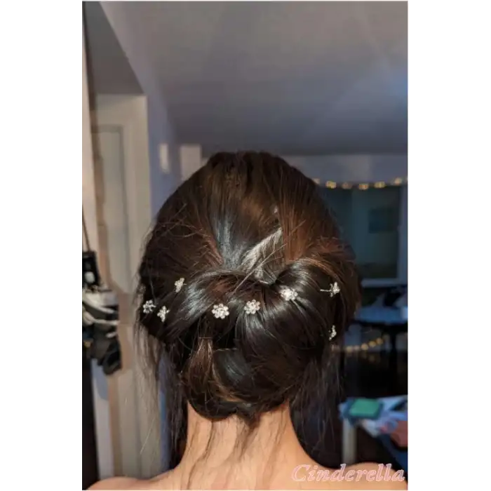 10lu Mini Kristal Taşlı Çiçek Tasarım Firkete Toka Gümüş - Düğün Nikah Saç Aksesuarı Topuz Tokası