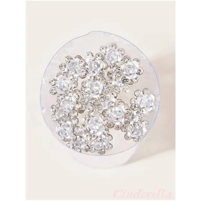 10lu Mini Kristal Taşlı Çiçek Tasarım Firkete Toka Gümüş - Düğün Nikah Saç Aksesuarı Topuz Tokası