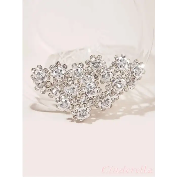 10lu Mini Kristal Taşlı Çiçek Tasarım Firkete Toka Gümüş - Düğün Nikah Saç Aksesuarı Topuz Tokası