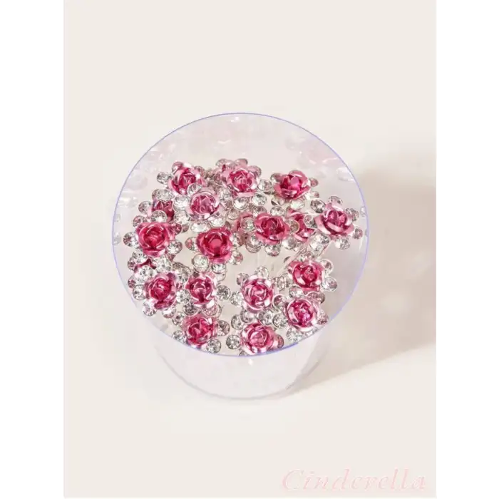 10lu Mini Kristal Taşlı Çiçek Tasarım Firkete Toka Pembe - Gelin Tacı Süsleme Topuz Saç Aksesuarı