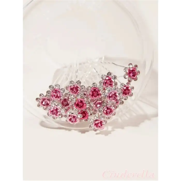 10lu Mini Kristal Taşlı Çiçek Tasarım Firkete Toka Pembe - Gelin Tacı Süsleme Topuz Saç Aksesuarı