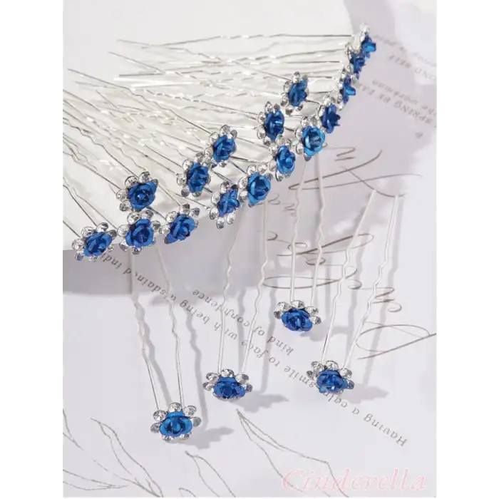 10lu Mini Kristal Taşlı Çiçek Tasarım Firkete Toka Royal Mavi - Nikah Saç Aksesuarı Topuz Tokası