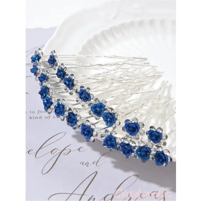 10lu Mini Kristal Taşlı Çiçek Tasarım Firkete Toka Royal Mavi - Nikah Saç Aksesuarı Topuz Tokası