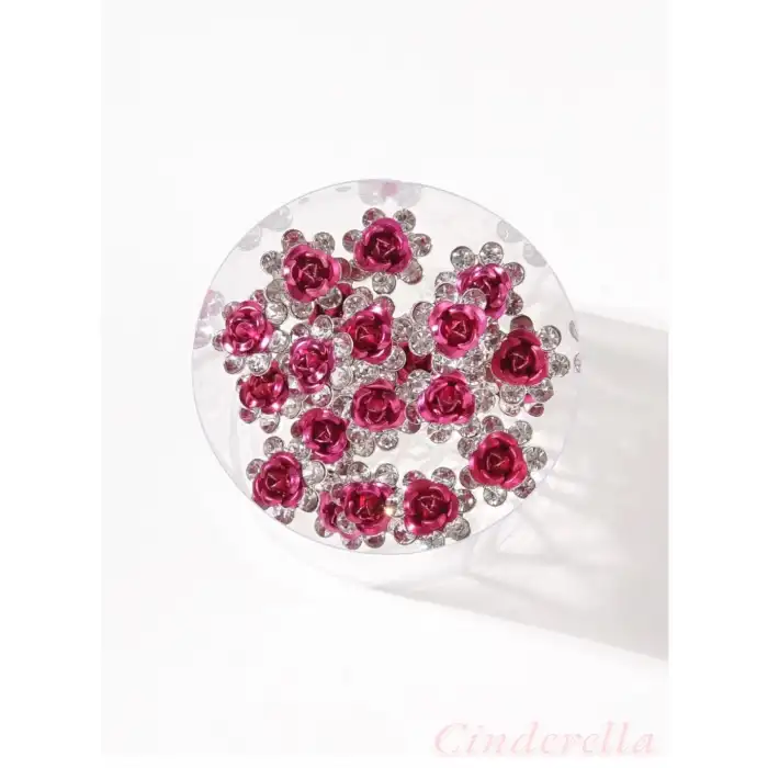 10lu Mini Kristal Taşlı Çiçek Tasarım Firkete Toka Sıcak Pembe - Nikah Kına Söz Topuz Saç Tokası