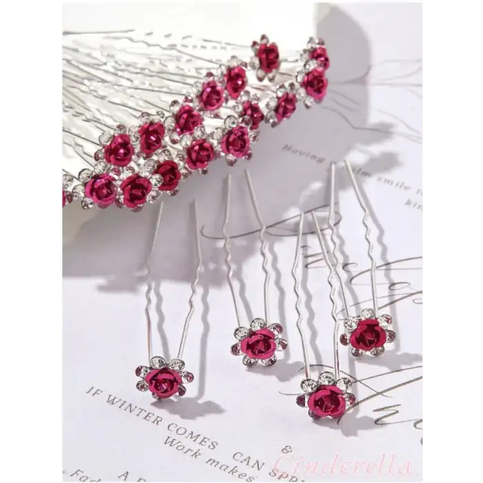 10lu Mini Kristal Taşlı Çiçek Tasarım Firkete Toka Sıcak Pembe - Nikah Kına Söz Topuz Saç Tokası