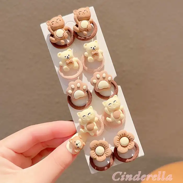 10Lu Minik Kedili Ayılı Çiçekli Bebek ve Çocuk Lastik Toka Seti Model-4