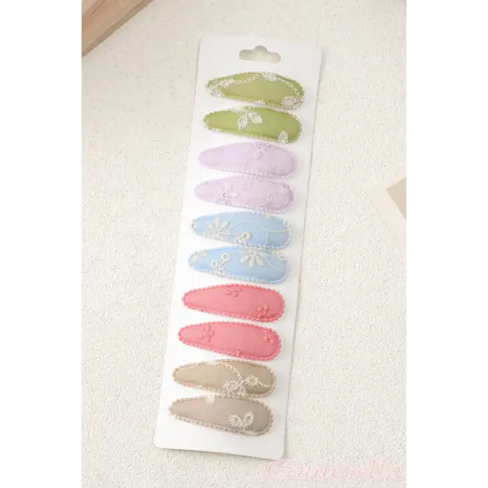 10lu Özel Seri Nakışlı Çiçekli Model Çocuk Çıt Çıt Toka Seti - Kız Bebek Çıtçıt Saç Toka Model-10