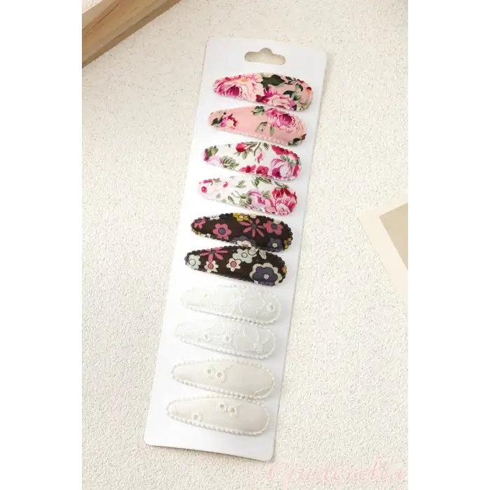 10lu Özel Seri Nakışlı Çiçekli Model Çocuk Çıt Çıt Toka Seti - Kız Bebek Çıtçıt Saç Toka Model-2