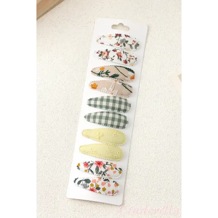 10lu Özel Seri Nakışlı Çiçekli Model Çocuk Çıt Çıt Toka Seti - Kız Bebek Çıtçıt Saç Toka Model-4