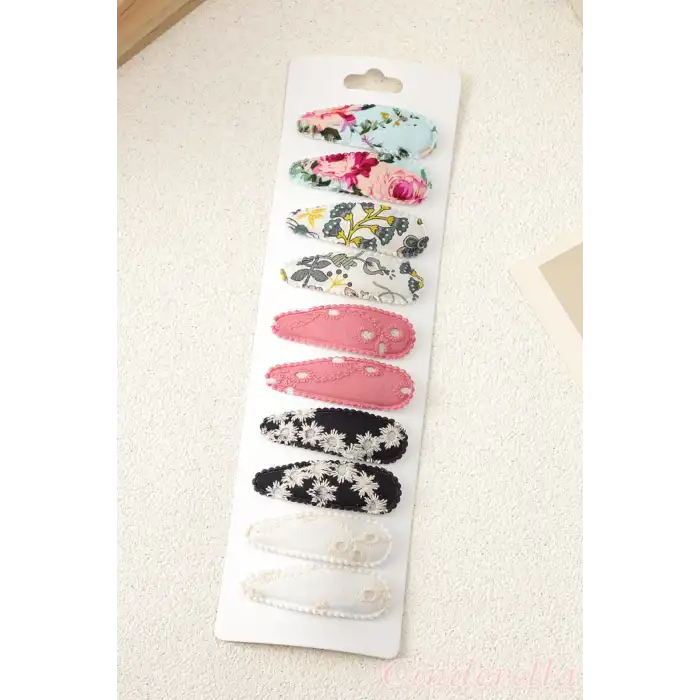 10lu Özel Seri Nakışlı Çiçekli Model Çocuk Çıt Çıt Toka Seti - Kız Bebek Çıtçıt Saç Toka Model-5