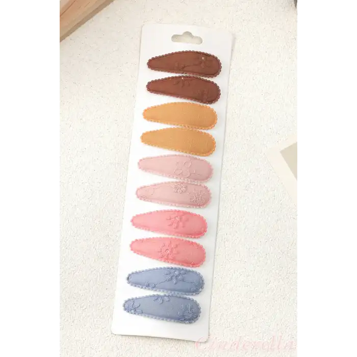 10lu Özel Seri Nakışlı Çiçekli Çocuk Yumuşak Çıtçıtlı Toka Seti - Kız Bebek Çıt Çıt Saç Tokası