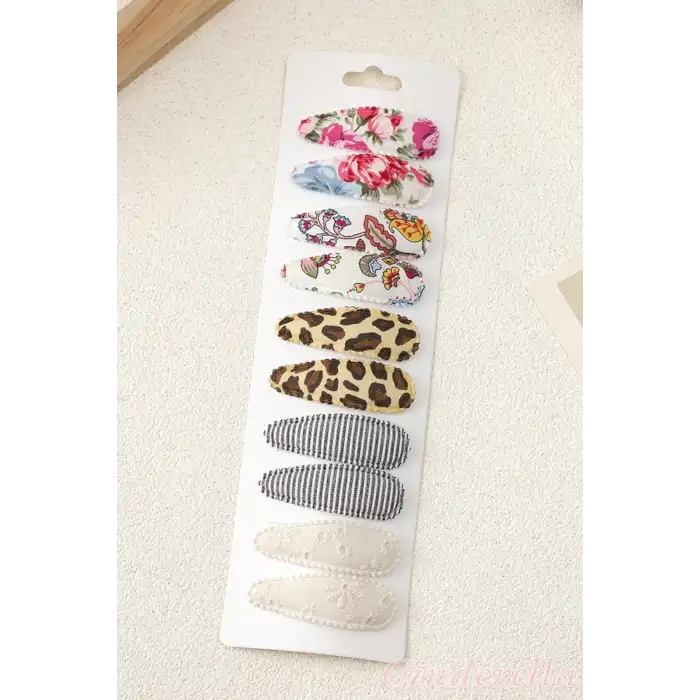 10lu Özel Seri Nakışlı Çiçekli Model Çocuk Çıt Çıt Toka Seti - Kız Bebek Çıtçıt Saç Toka Model-9