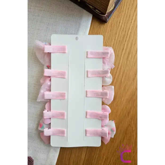 10lu Pembe Kız Bebek Astarlı Pens Toka Seti - İncili Fiyonk Kurdeleli Tüllü Çiçekli Saç Tokası