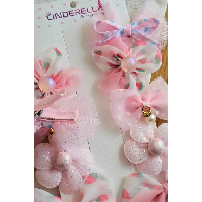 10lu Pembe Kız Bebek Astarlı Pens Toka Seti - İncili Fiyonk Kurdeleli Tüllü Çiçekli Saç Tokası