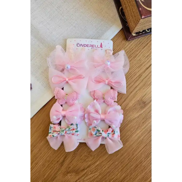 10lu Pembe Kız Bebek Pens Toka Seti Kelebekli Fiyonk Kurdele İnci Tüllü Klips Çocuk Saç Tokası