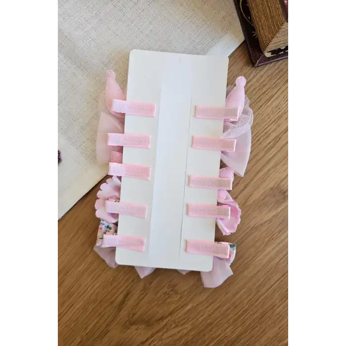 10lu Pembe Kız Bebek Pens Toka Seti Kelebekli Fiyonk Kurdele İnci Tüllü Klips Çocuk Saç Tokası