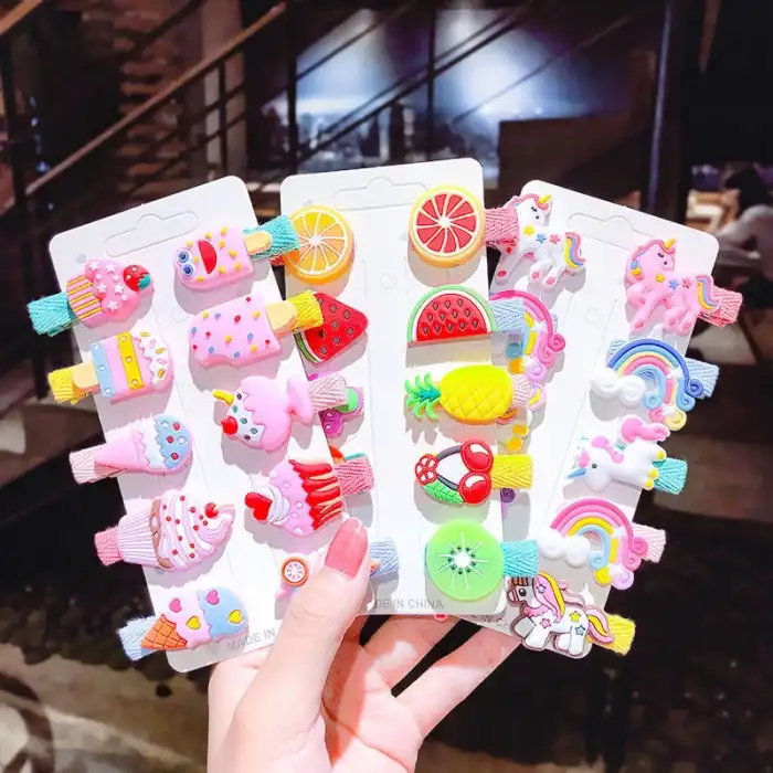 10lu Sevimli Pembe Tonlu Dondurma Figürlü Pens Toka Seti - Kız Çocuk Klips Saç Tokası