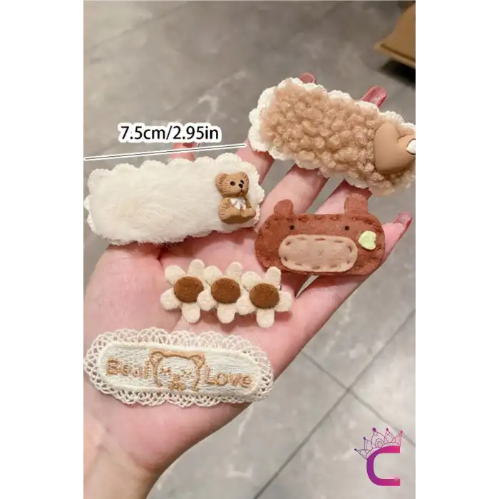 10lu Smile Love Kız Çocuk Pens Toka Seti Bej Beyaz - Çiçekli Ayıcıklı Peluş Örgü Çıtçıt Saç Tokası