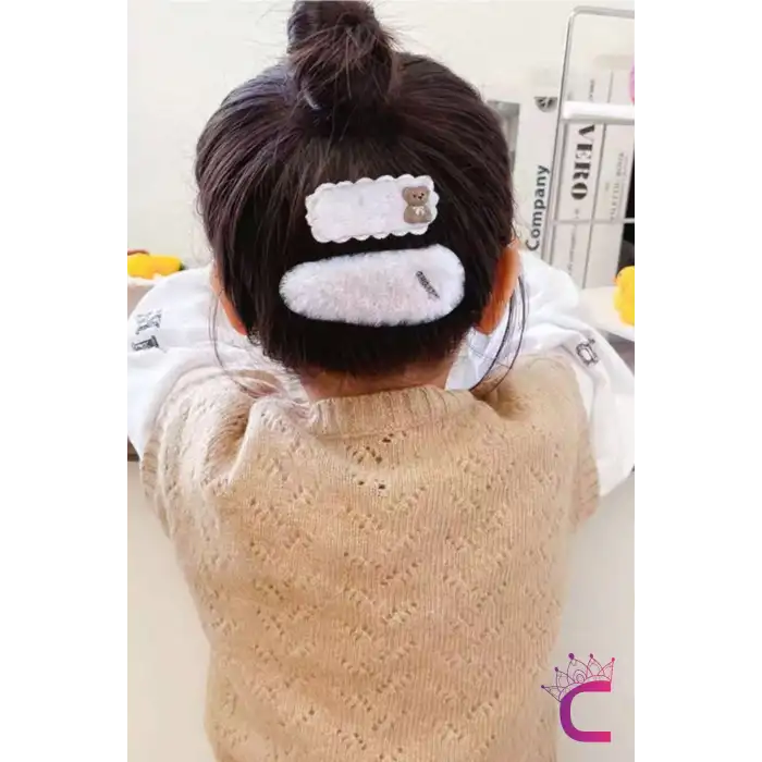 10lu Smile Love Kız Çocuk Pens Toka Seti Bej Beyaz - Çiçekli Ayıcıklı Peluş Örgü Çıtçıt Saç Tokası