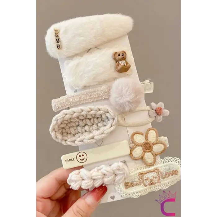 10lu Smile Love Kız Çocuk Pens Toka Seti Bej Beyaz - Çiçekli Ayıcıklı Peluş Örgü Çıtçıt Saç Tokası