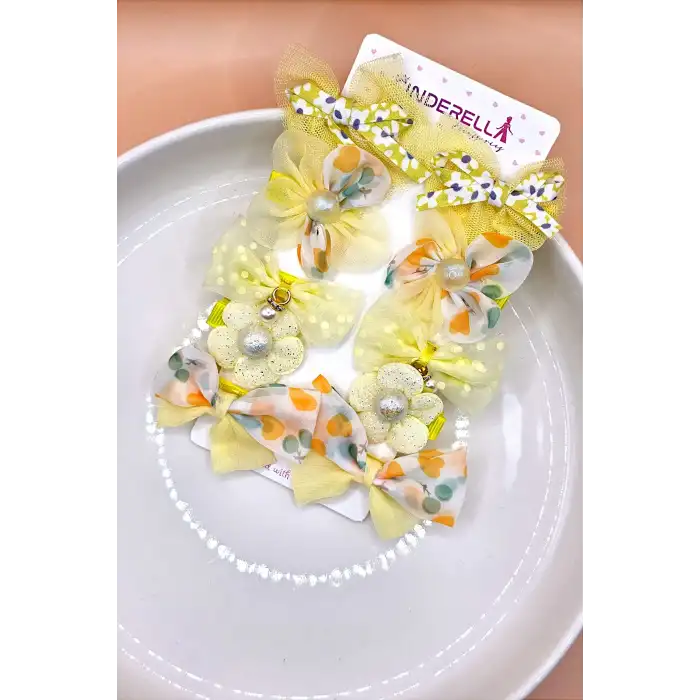 10lu Yumuşak Astarlı Kız Bebek Toka Seti Sarı - Çocuk İncili Taşlı Kelebek Fiyonklu Pens Saç Tokası